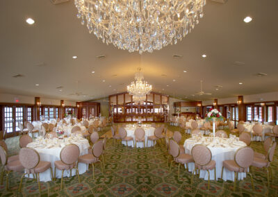 Saint Clements Castle, interior dining area with chandeliers